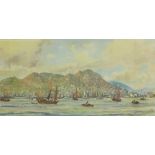 Ling (Kam Cheong, 1911-1991), A view of Hong Kong Island from the sea, watercolour, signed, framed