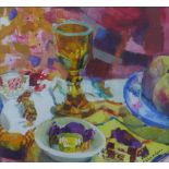 Alma Wolfson (SCOTTISH b 1942), still life with glass goblet and fruit, gouache, signed, framed