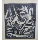 Mallek, a monochrome woodblock print of a sailor smoking a pipe and playing an accordion, signed, in