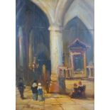 After Johannes Bosboom, (1817 - 1871) Church Interior with figures, oil on board, signed, in an orn