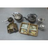 A collection of metal ware items to include an Epns kettle, flasks, flat irons and cutlery, etc (a