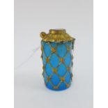 French blue glass jar with gilt metal mesh overlay, hinged lid with a painted panel of Napoleon on