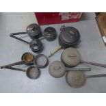A collection of metal ware items to include Kendrick iron pans, flat irons, pokers, etc (a lot)