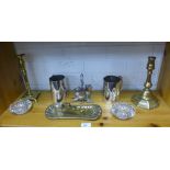 Mixed lot of metal wares to include brass candlesticks, Epns thistle cruet set, tankards, and a pair