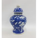 Large blue and white prunus pattern temple vase and cover, 35cm