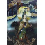 Chinese reverse painting on glass of a goddess riding on a dragon, in an ebonised frame with a