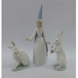 Lladro girl wizard figure and two Lladro white glazed hares, tallest 28cm 93)