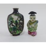 Chinese famille rose 'boy' snuff bottle, 6cm high and a famille verte moulded snuff bottle, 8cm high