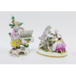 Gold anchor porcelain figure of a girl with a basket and a continental figure of a courting