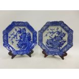 Pair of Japanese blue and white octagonal plates painted with birds and flowers, 30cm (2)