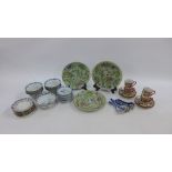 Mixed lot to include three celadon glazed plates, blue and white rice bowls, Japanese coffee cups