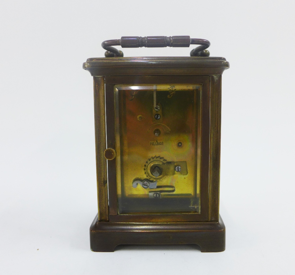 French brass and glass panelled carriage clock, with leather carry case, and key, 15cm high - Image 3 of 4