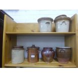 Collection of stoneware and salt glazed pots, some with covers, (7)