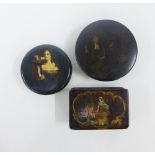 Two late 18th / early 19th century papier mache snuff boxes, largest 10cm, and a papier mache box