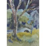 R. MacDonald Scott, watercolour of a wooded landscape with bridge, signed, framed under glass, 28