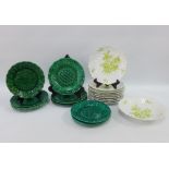 Various 19th century green glazed and leaf moulded plates together with a continental porcelain