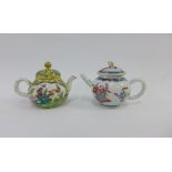 Two miniature Chinese porcelain teapots, one with yellow ground and canton enamels the other in blue