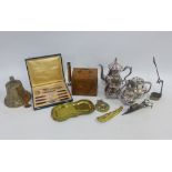 Box containing miscellaneous metal wares to include Epns teaset, brass bell, etc and a burrwood