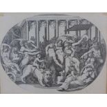 Etching of a classical scene with figures, lion and putti, under glass in a mercury gilded frame,