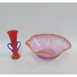 20th century art glass to include a purple glass bowl with orange crimped rim, 38cm diameter,