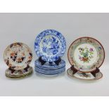Set of eleven Wedgwood blue and white bowls, pair of Staffordshire plates and set of six Davenport