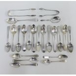 A collection of silver and white metal spoons and two pairs of sugar tongs (approx 21)