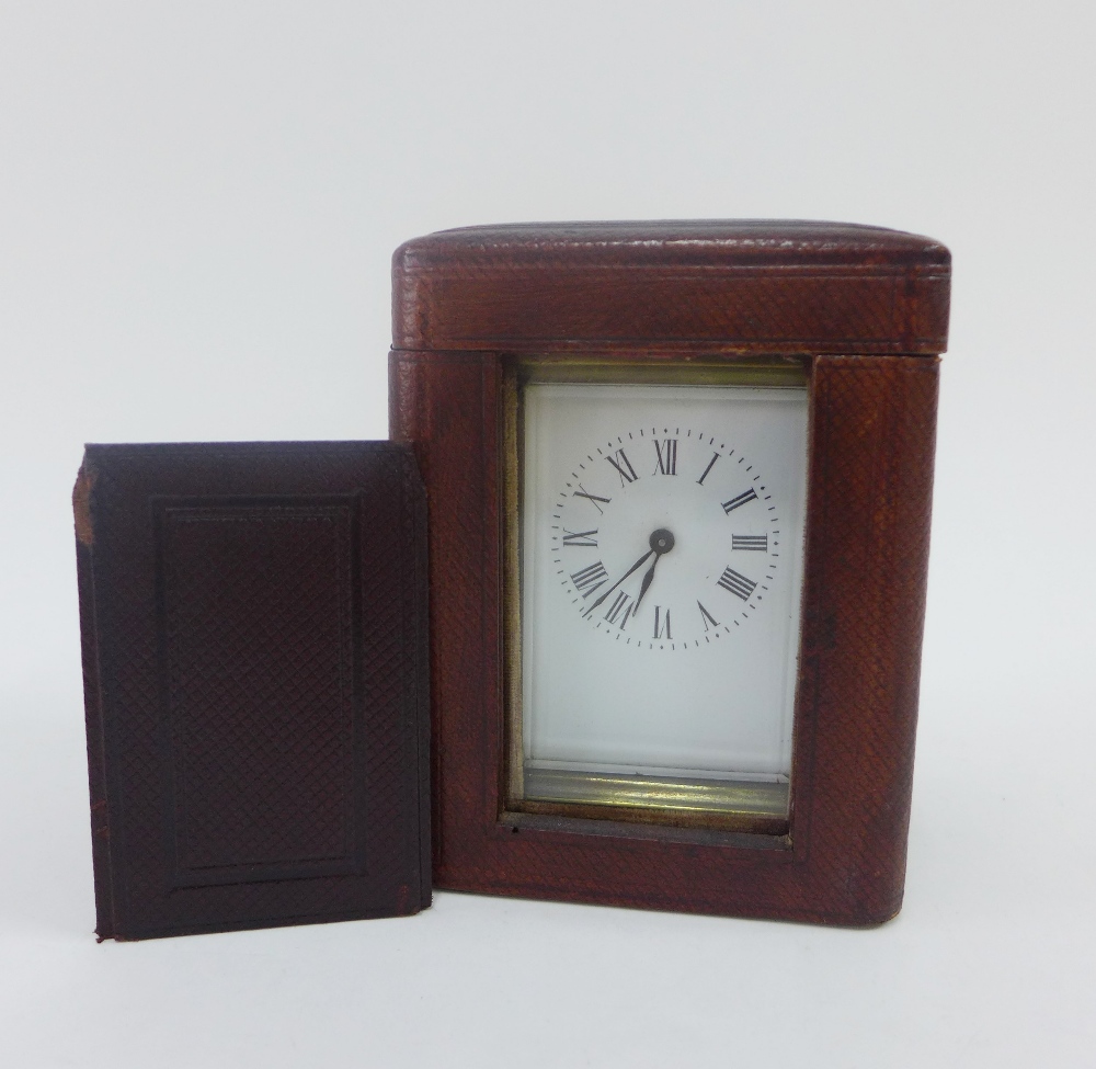 French brass and glass panelled carriage clock, with leather carry case, and key, 15cm high - Image 4 of 4