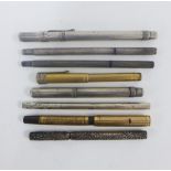 Collection silver, white metal and gold plated fountain pens and pencils, (8)