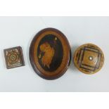 Sorrento oval paperweight inlaid with classical figure and a match case and a box inlaid with motifs