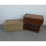 Vintage mahogany tea trolley with drop flaps and single drawer, 77 x 44cm, together with a wicker