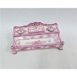 Gien pottery pink and white glazed desk inkstand, 31 x 16cm