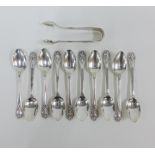 Victorian set of ten silver teaspoons, with matching sugar tongs, Sheffield 1869 (11)