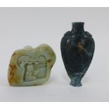 Celadon jade snuff bottle in the form of a pebble with a carved panel, 5cm high and a moss agate