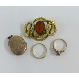 9ct gold dress ring and a 9ct gold celtic style wedding band, yellow metal locket and brooch, (4)