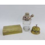 Art Deco glass and silver plated cocktail shaker, brass table bell and an Epns box, (3)