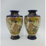 Pair of Japanese baluster vases, painted with figures to a Satsuma ground, 24cm high (2)