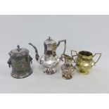 Epns three piece teaset and an Epns biscuit barrel with lion mask head handles, (4)