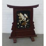 Japanese lacquered screen with mother of pearl bird and flowers pattern, on stylised supports, 74