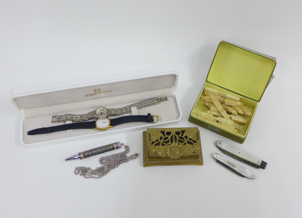 Mixed lot to include a Georgian silver and mother of pearl fruit knife and another, modern pen,