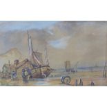 19th century school watercolour of a shore scene with fishermen, apparently unsigned, framed under