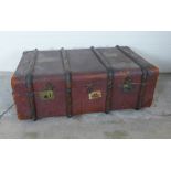 Vintage leather sand wooden bound travel trunk with brass clasp and lock 90 x 35 x56cm
