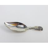 Georgian silver caddy spoon with leaf shaped bowl, makers mark EM, 10cm long