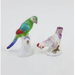 19th century Meissen miniature porcelain parrot and a similar miniature chicken, unmarked, tallest