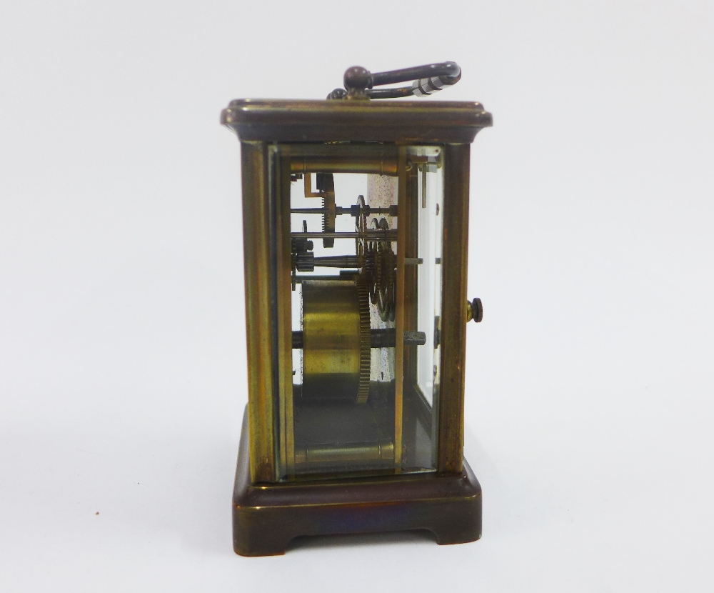 French brass and glass panelled carriage clock, with leather carry case, and key, 15cm high - Image 2 of 4