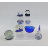 Collection of glass paperweights, glass millefiore scent bottle and s small blue glass vase, etc (