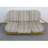 Ercol light elm Windsor open arm three seater settee, with loose cushions, 178 x 79cm