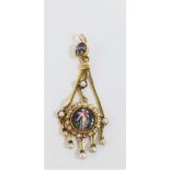 French gold Renaissance Revival drop pendant with a hand painted porcelain plaque depicting a Cherub