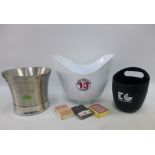 Modern bar ice buckets to include Edinburgh Gin and Tequila, etc and three packs of vintage