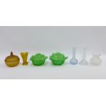 Collection of Art Deco coloured glass to include a pair of cabbage bowls and covers, candlesticks,