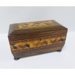 19th century Tunbridge ware tea caddy of sarcophagus form, inlaid with cube parquetry, the